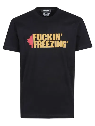 Dsquared2 Black Crewneck T-shirt With Print On The Front And Logo Lettering On The Rear In Black