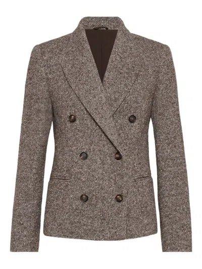 Brunello Cucinelli Virgin Wool And Silk Melange Diagonal Double-breasted Blazer In Brown