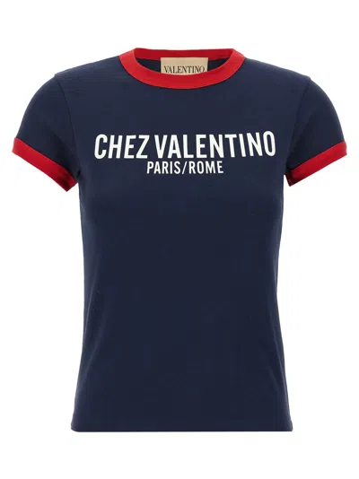 Valentino Crewneck Short Sleeves Contrast Trim Tops In Blue