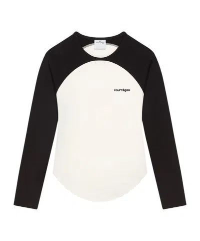 Courrèges Long-sleeved Contrast T-shirt With Rounded Hem And Logo Print In Black