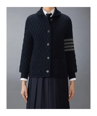 Thom Browne 4-bar Wool Blend Polo Collar Jacket In Blue