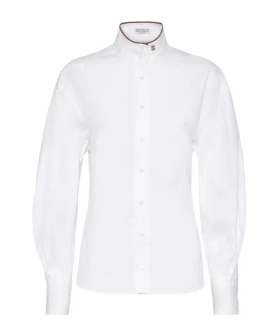 Brunello Cucinelli Stretch Cotton Poplin Shirt With Shiny Collar Detail In White
