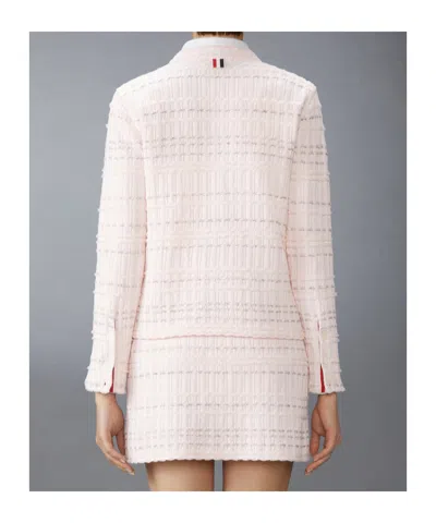 Thom Browne Seersucker Knit Crewneck Cardigan In Pink