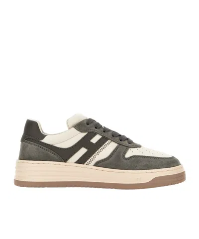 Hogan Grey White Leather Basket Cam Sneakers In Gray