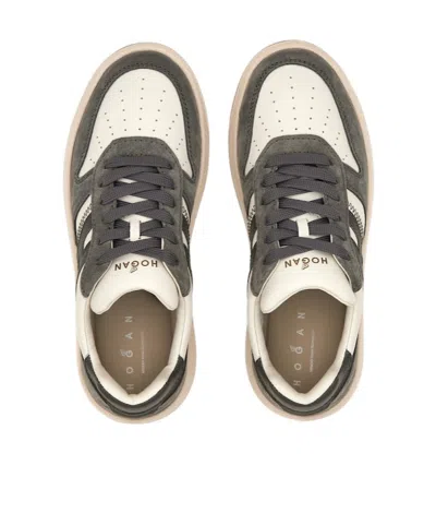 Hogan Grey White Leather Basket Cam Sneakers In Gray