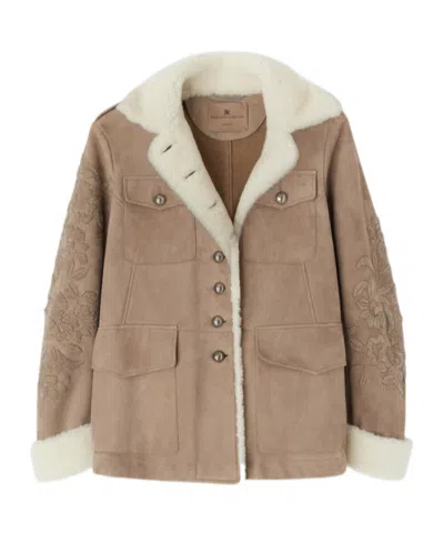Ermanno Scervino Lambskin Jacket With Embroidery And Shearling Lining In Brown