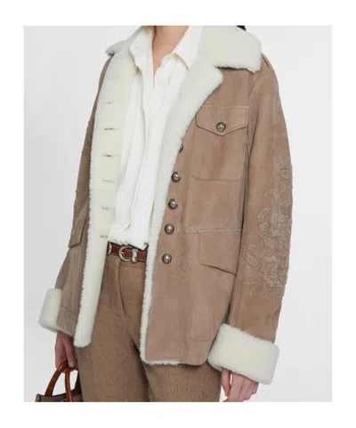 Ermanno Scervino Lambskin Jacket With Embroidery And Shearling Lining In Brown