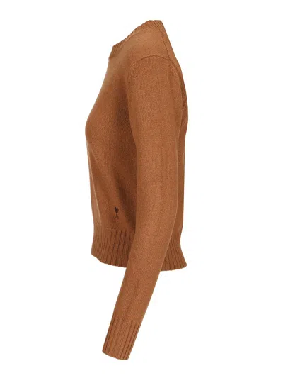 Ami Alexandre Mattiussi Cropped Brown Cashmere Blend Sweater With Heart Detail