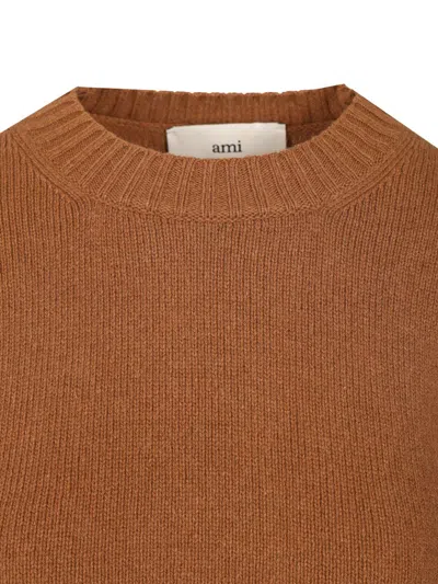 Ami Alexandre Mattiussi Cropped Brown Cashmere Blend Sweater With Heart Detail