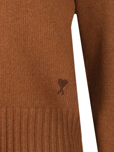 Ami Alexandre Mattiussi Cropped Brown Cashmere Blend Sweater With Heart Detail
