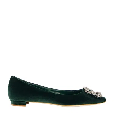 Manolo Blahnik Hangisi Embellished Velvet Ballet Flats In Green