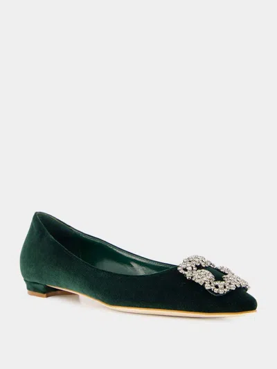 Manolo Blahnik Hangisi Embellished Velvet Ballet Flats In Green