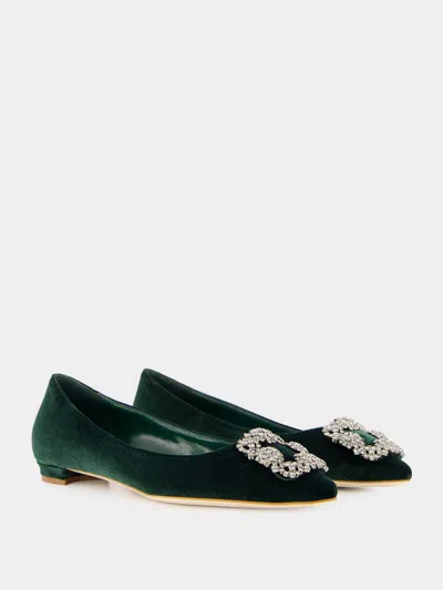 Manolo Blahnik Hangisi Embellished Velvet Ballet Flats In Green