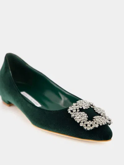 Manolo Blahnik Hangisi Embellished Velvet Ballet Flats In Green