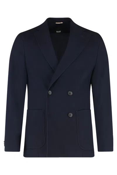 Hugo Boss Boss Double-breasted Wool Jacket In Blue