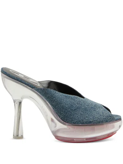 Diesel Denim Peep Toe Platform Mules With Transparent Heel In Blue