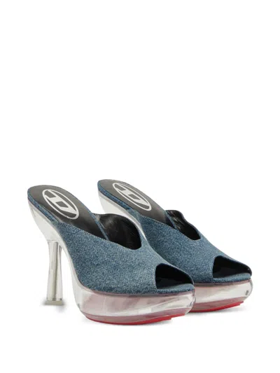 Diesel Denim Peep Toe Platform Mules With Transparent Heel In Blue