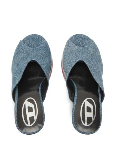 Diesel Denim Peep Toe Platform Mules With Transparent Heel In Blue
