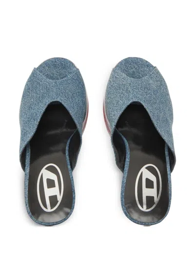 Diesel Denim Peep Toe Platform Mules With Transparent Heel In Blue
