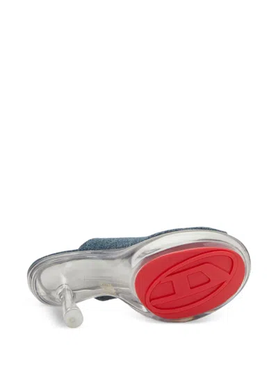 Diesel Denim Peep Toe Platform Mules With Transparent Heel In Blue