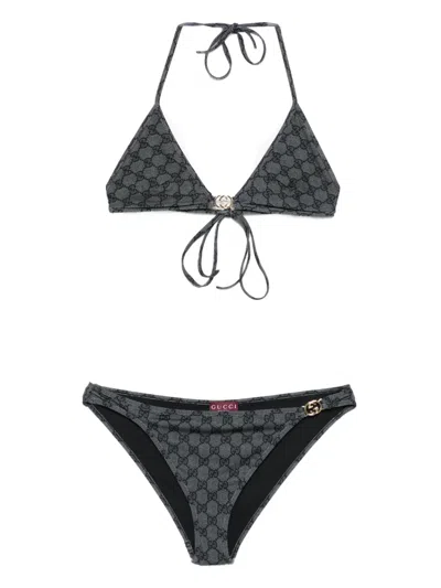Gucci Gg Pattern Halter Neck Triangle Top Swimsuit In Black