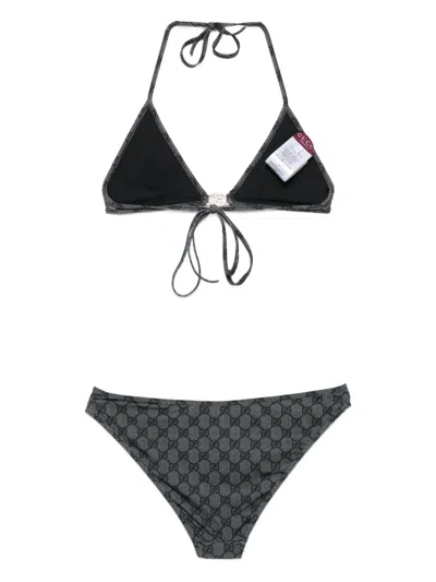 Gucci Gg Pattern Halter Neck Triangle Top Swimsuit In Black