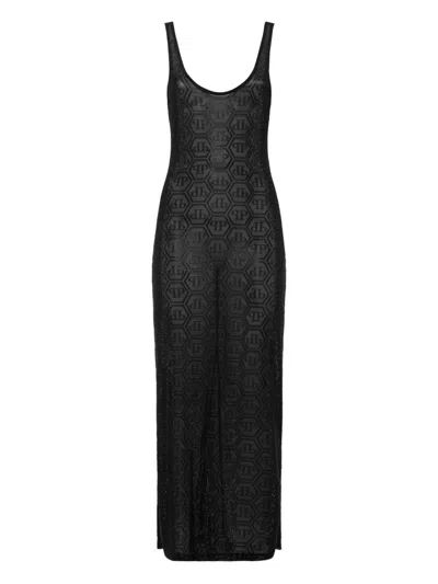 Philipp Plein Tulle Long Tank Dress Monogram Strass In Black