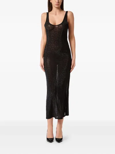 Philipp Plein Tulle Long Tank Dress Monogram Strass In Black