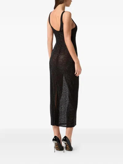 Philipp Plein Tulle Long Tank Dress Monogram Strass In Black