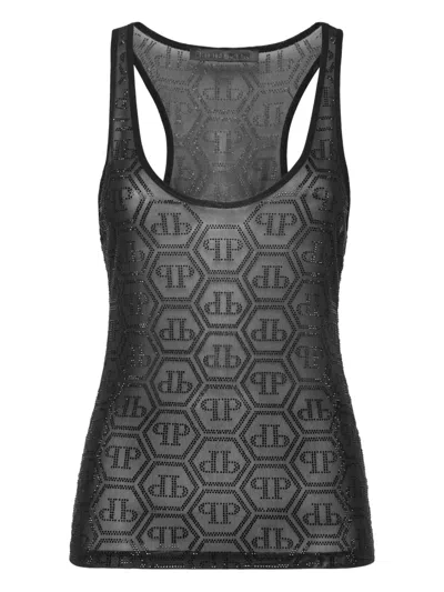 Philipp Plein Tulle Tank Top Monogram Strass In Black