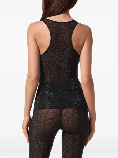 Philipp Plein Tulle Tank Top Monogram Strass In Black
