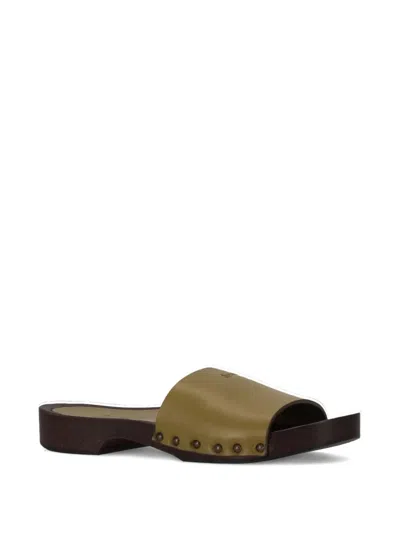 La Rose Studded Leather Clogs In Green