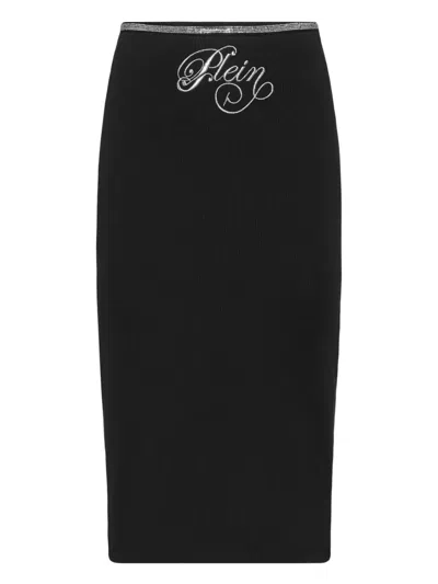 Philipp Plein Midi Skirt Elastic Signature In Black