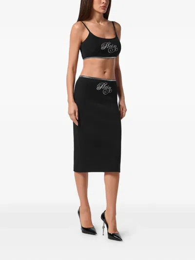 Philipp Plein Midi Skirt Elastic Signature In Black