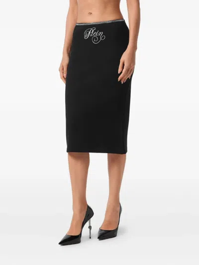 Philipp Plein Midi Skirt Elastic Signature In Black