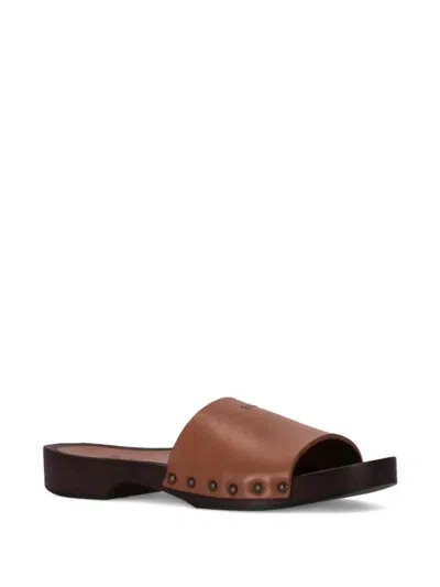 La Rose Studded Leather Clogs In Brown