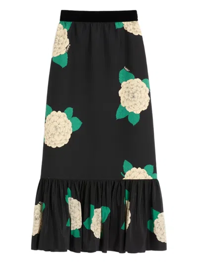 Valentino Womens Nero Avorio Verde Floral-print Silk-crepe Maxi Skirt In Multi