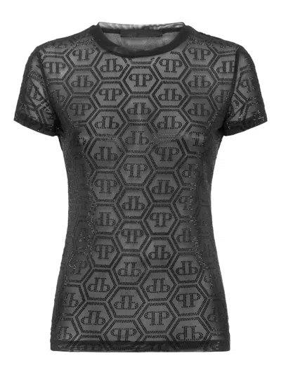 Philipp Plein Tulle Sexy Pure Fit T-shirt Monogram Strass In Black