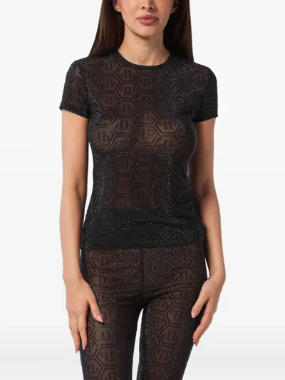 Philipp Plein Tulle Sexy Pure Fit T-shirt Monogram Strass In Black