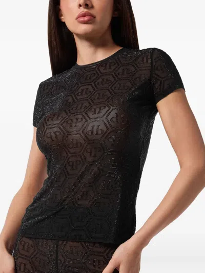 Philipp Plein Tulle Sexy Pure Fit T-shirt Monogram Strass In Black