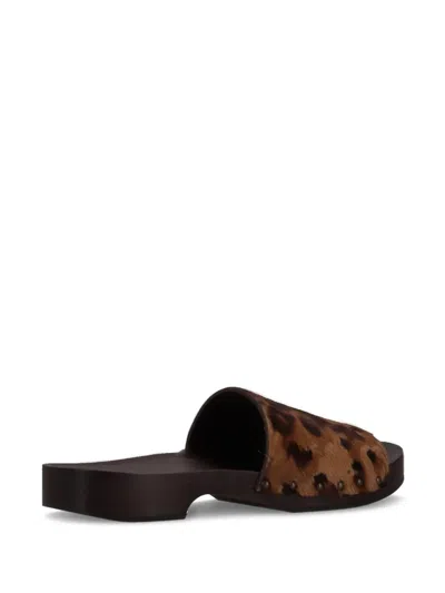 La Rose Leopard Print Studded Leather Clogs In Brown