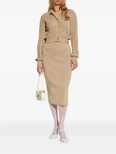 Alessandra Rich Cotton And Cashmere Pencil Skirt In Brown