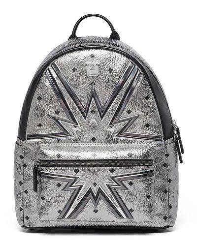 Mcm Stark Cyber Flash Medium Coated Canvas Backpack In Silver