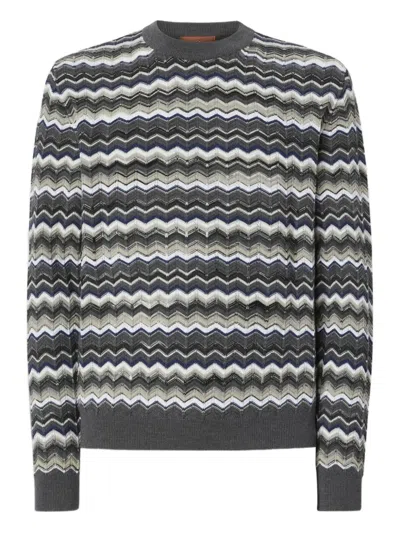 Missoni Crew Neck Sweater With Zigzag Pattern In Gray