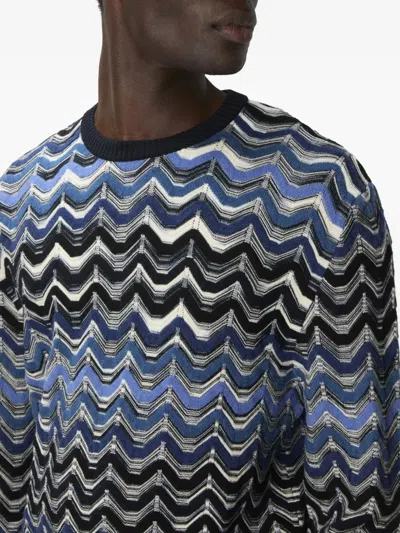 Missoni Crew Neck Sweater With Geometric Zigzag Pattern In Blue