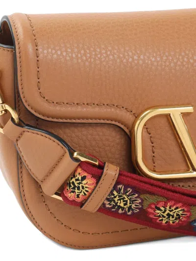 Valentino Garavani Almond Beige Calf Leather Alltime Shoulder Bag In Brown