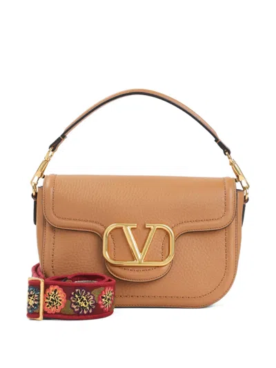 Valentino Garavani Almond Beige Calf Leather Alltime Shoulder Bag In Brown