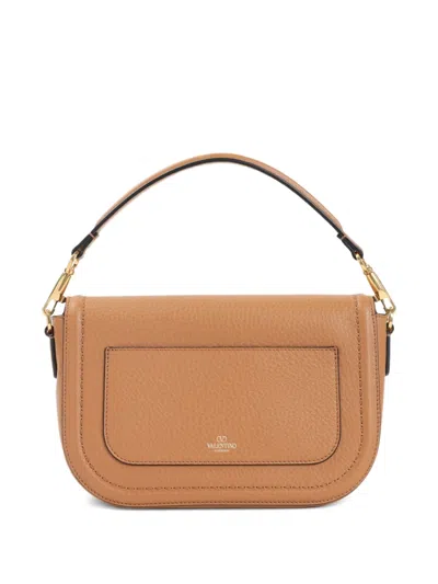 Valentino Garavani Almond Beige Calf Leather Alltime Shoulder Bag In Brown
