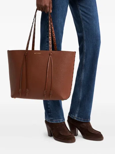 Etro Medium Essential Leather Tote Bag In Brown