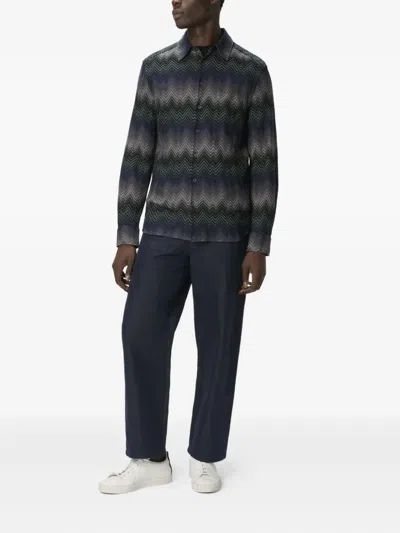 Missoni Mens Chevron Relaxed-fit Cotton-blend Shirt Blue And Green Tones